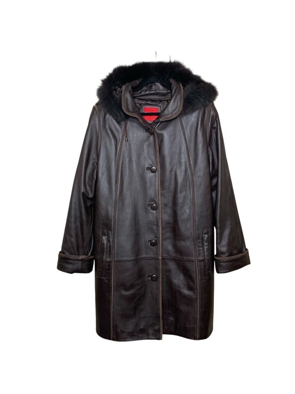 BBL Brown Leather Hooded Coat Fur Trim Sz XL Detachable Hood & Lining Minimalist
